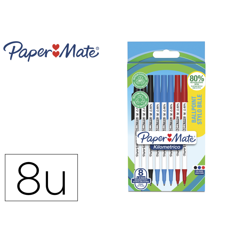 Boligrafo paper mate kilometrico punta 1 mm plastico reciclado 80% blister de 3 negros / 3