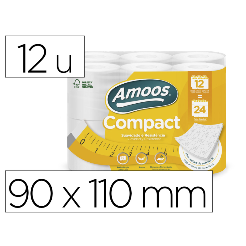 Papel higienico amoos 2 capas 110 mm diametro x 90 mm alto 30 gr/m2 paquete de 12 rollos