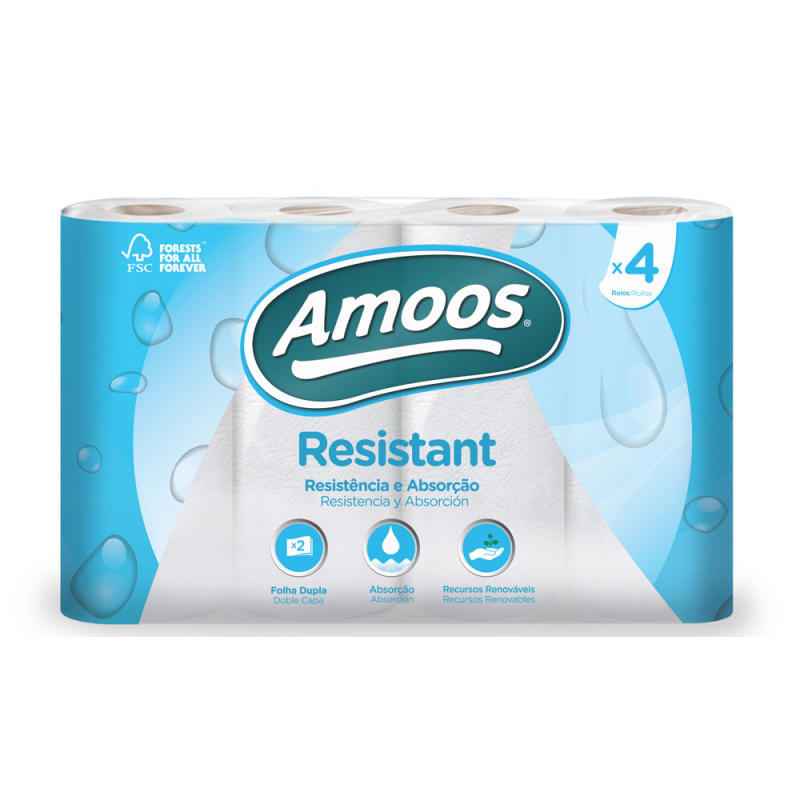 Papel de cocina amoos 2 capas 100 mm diametro x 224 mm alto 42g/m2 36 servicios paquete de 4 rollos