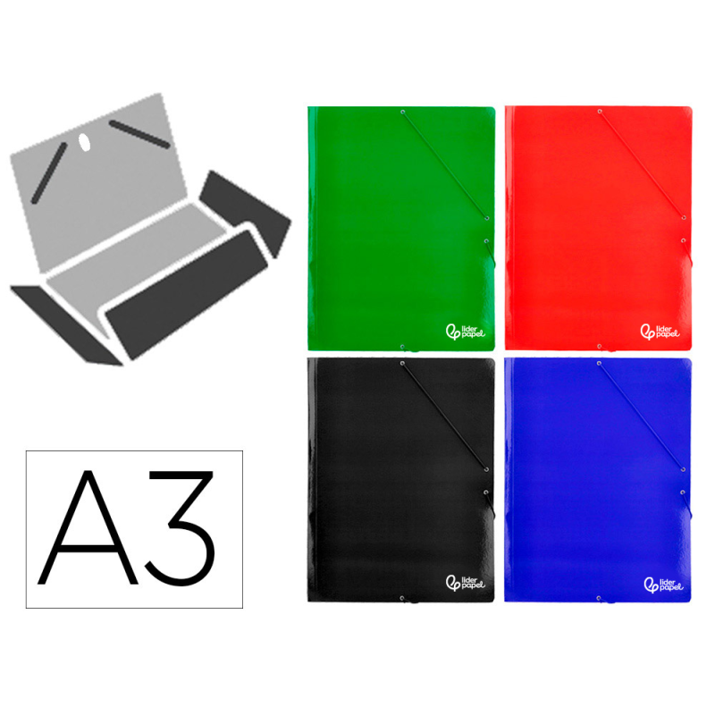 Carpeta liderpapel gomas tres solapas carton plastificado 800 gr din a3 colores surtidos