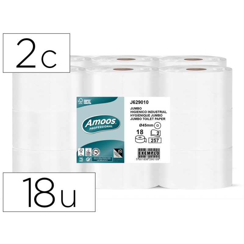 Papel higienico amoos jumbo industrial 2 capas 30g/m2 paquete de 18 rollos