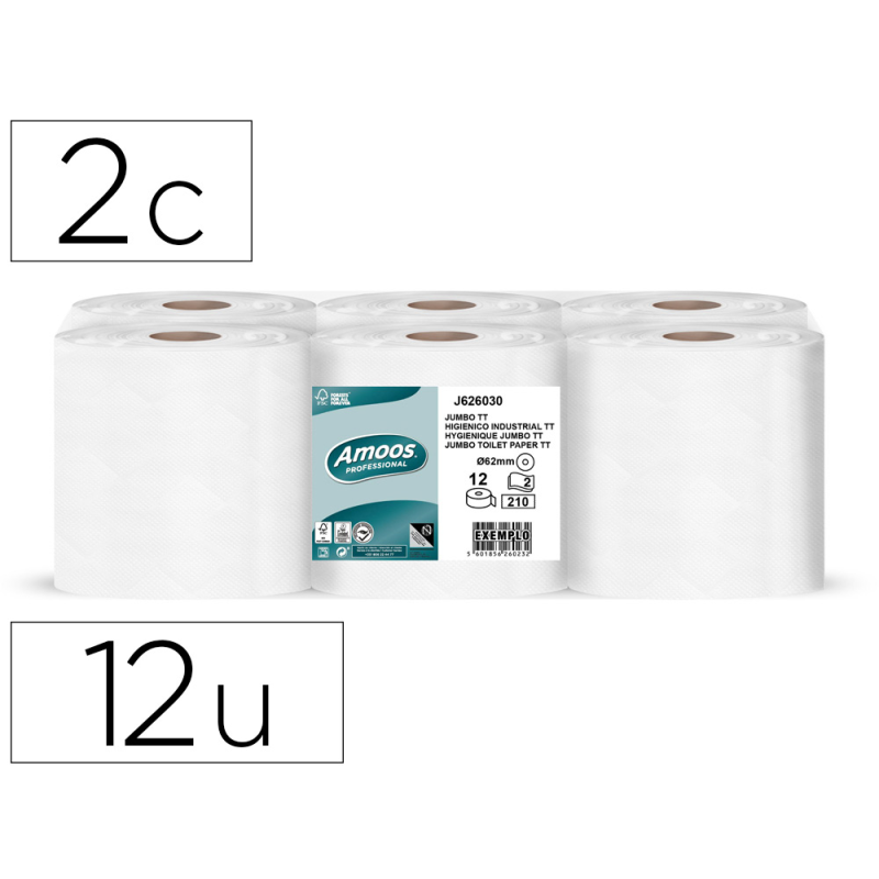 Papel higienico amoos jumbo industrial 2 capas 30g/m2 paquete de 12 rollos