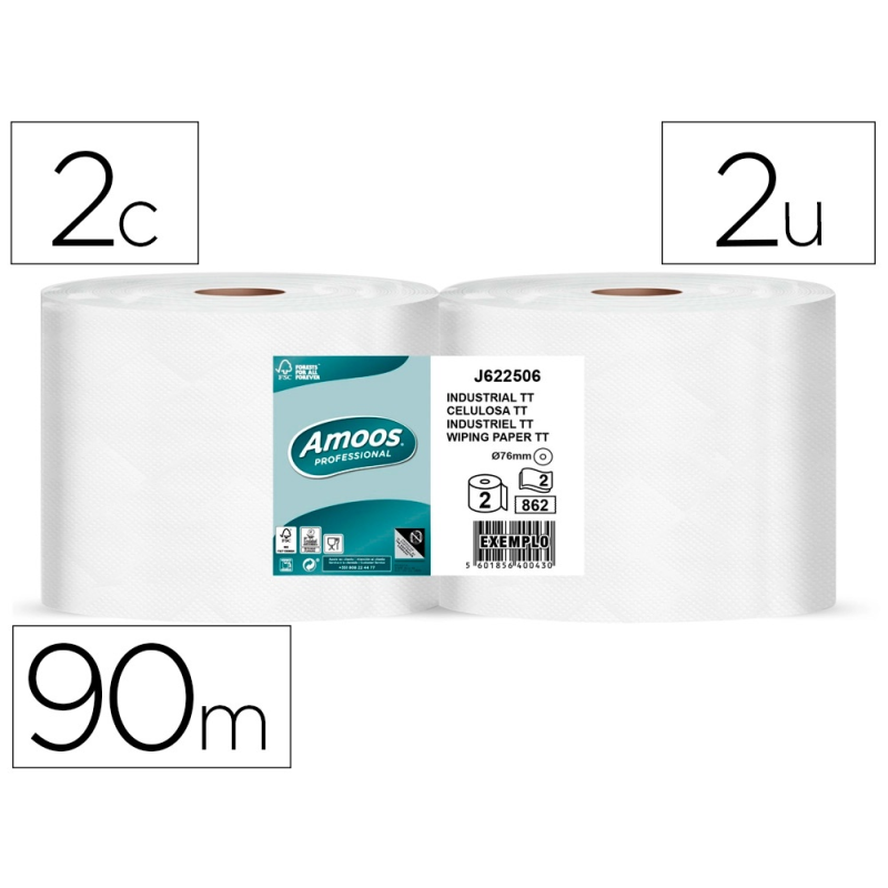 Papel secamanos amoos industrial 2 capas 32g/m2 paquete de 2 rollos