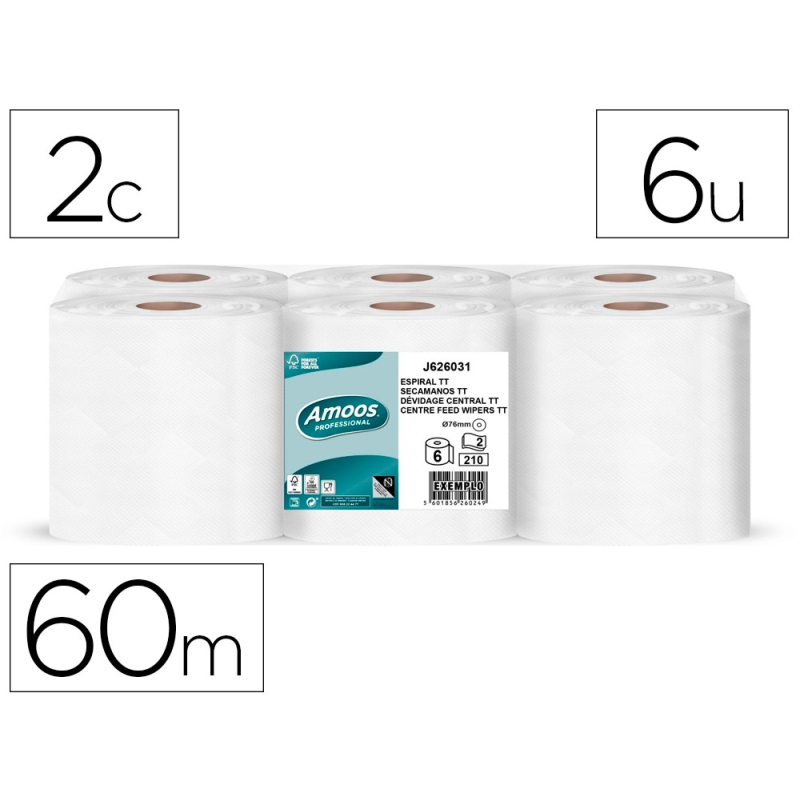 Papel secamanos amoos industrial 2 capas 32g/m2 celulosa blanco 60 mt paquete de 6 bobinas