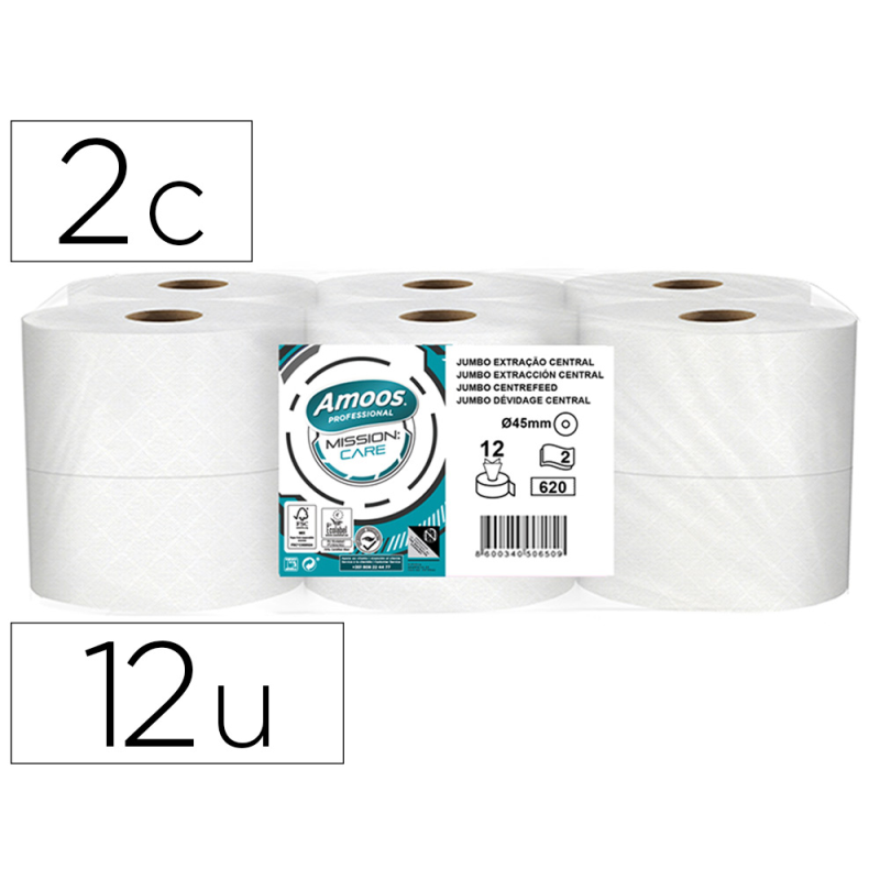 Papel higienico amoos jumbo industrial mission care extraccion central 2 capas 33g/m2 paquete de 12 rollos