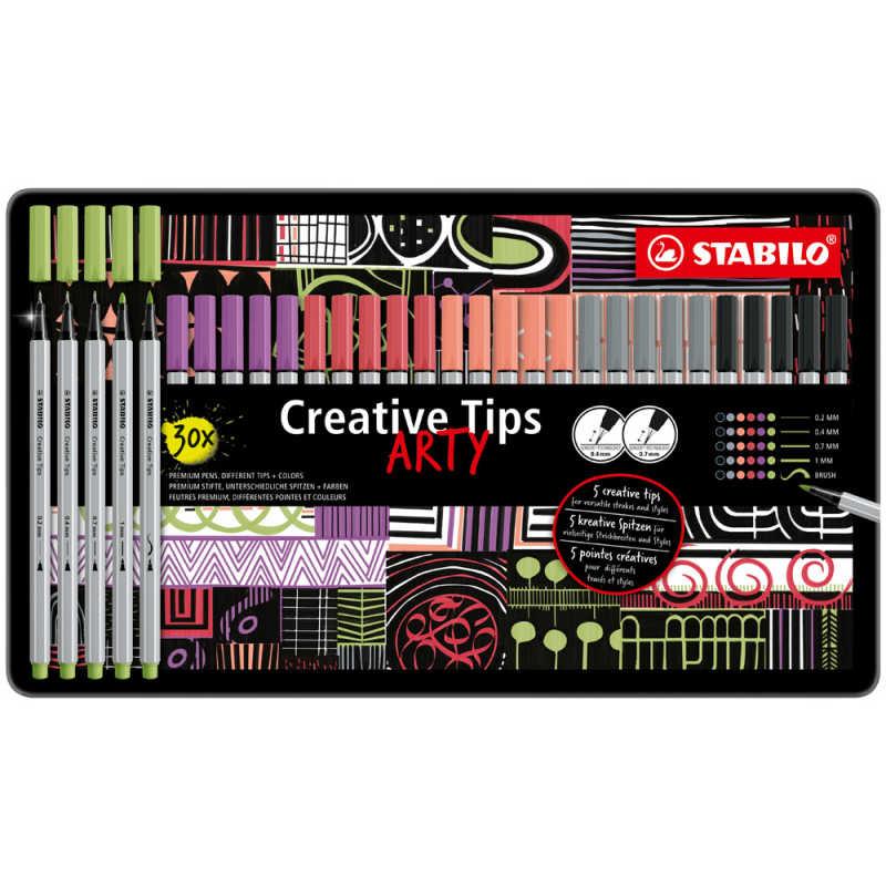 Rotulador stabilo creative tips arty line pastel 5 puntas diferentes por color estuche metalico de 30