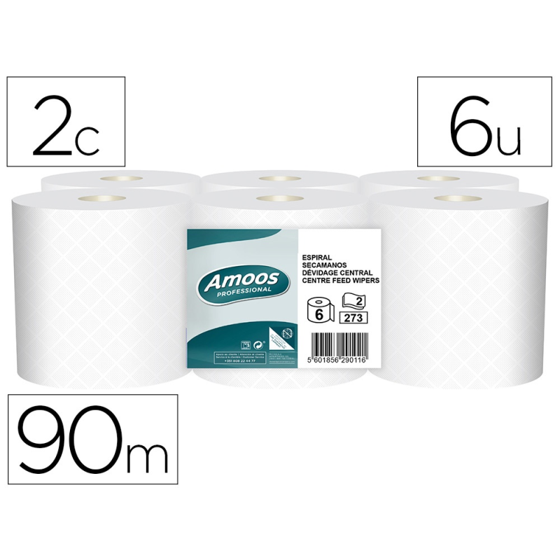 Papel secamanos amoos industrial 2 capas 32g/m2 blanco 90 mt paquete de 6 rollos
