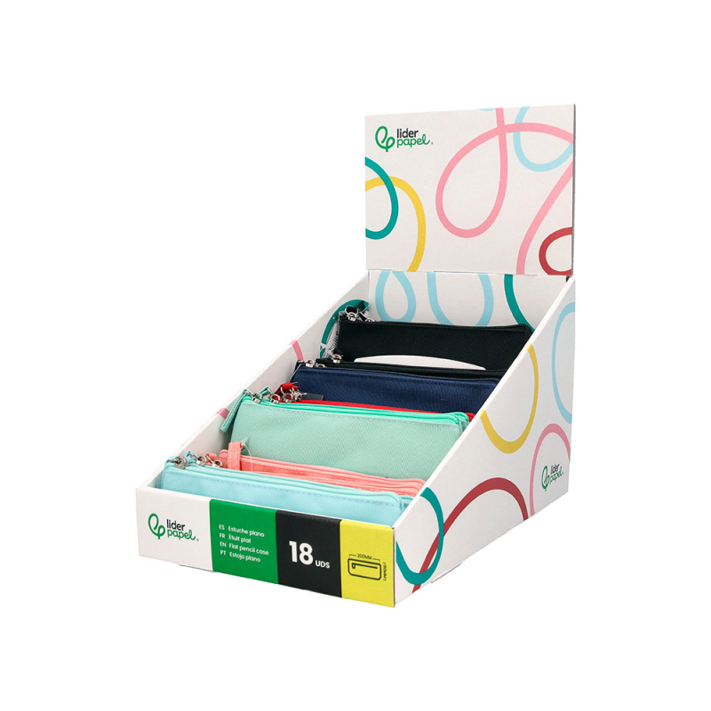 Estuche portatodo liderpapel plano ancho una cremallera 200x100 mm expositor de 18 unidades colores surtidos