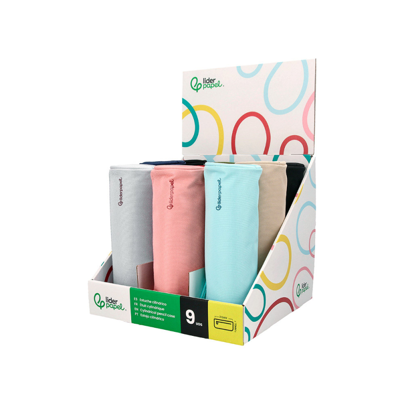 Estuche portatodo liderpapel classic cilindrico ancho 210x70 mm expositor de 9 unidades colores surtidos