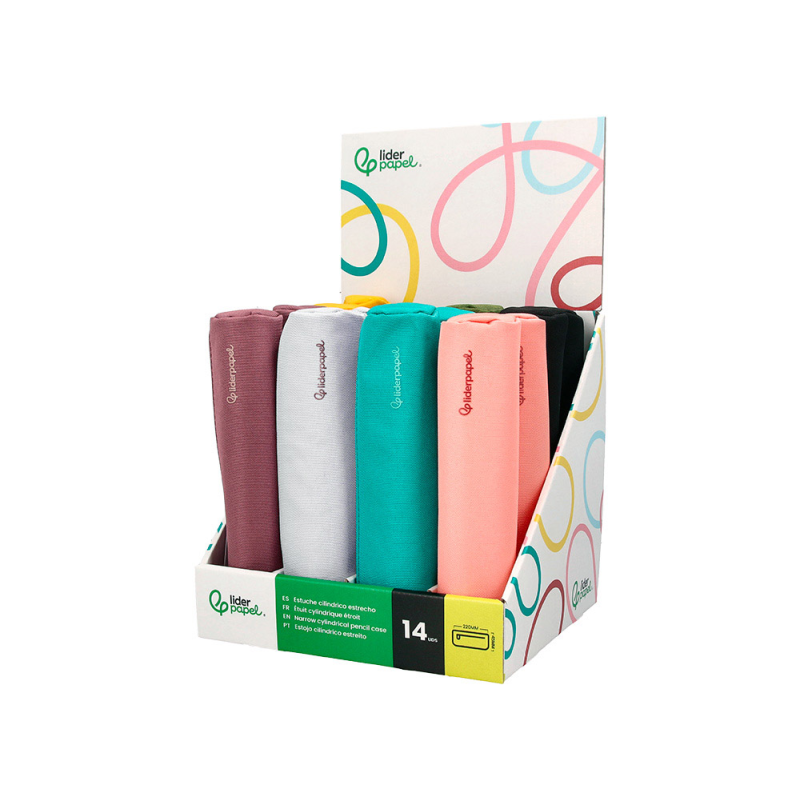 Estuche portatodo liderpapel slim cilindrico 220x45 mm expositor de 14 unidades colores surtidos