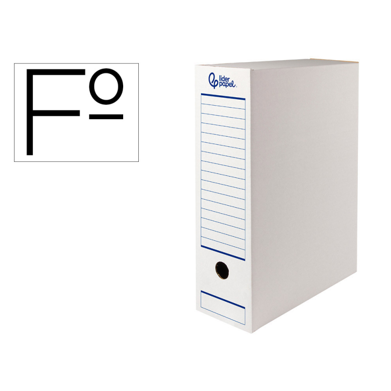 Caja archivo definitivo automatica liderpapel folio carton reciclado 325g/m2 lomo 100 mm blanco 360x100x255mm