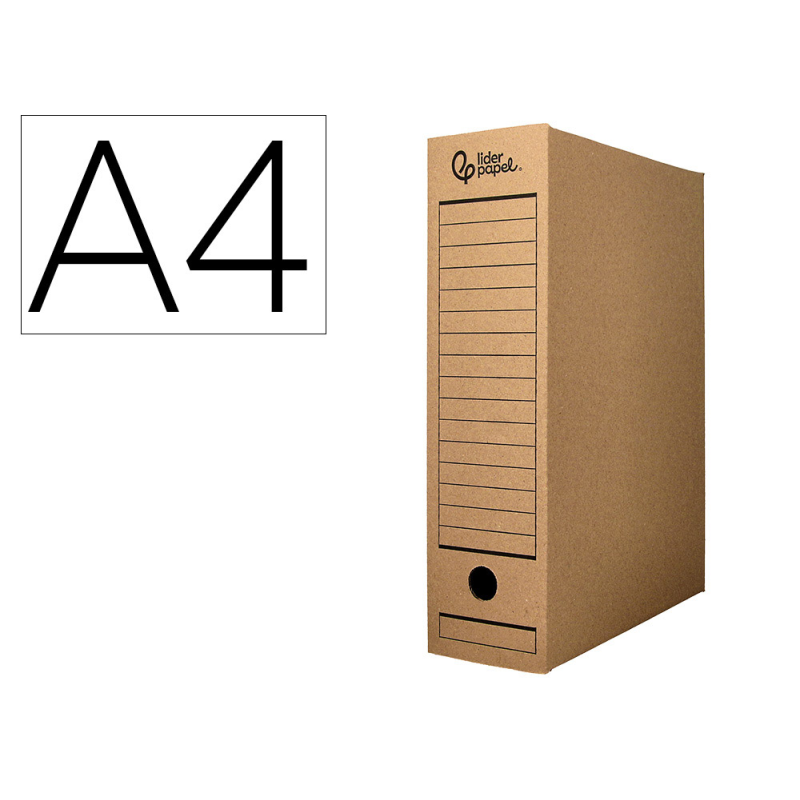 Caja archivo definitivo liderpapel din a4 carton reciclado 325g/m2 lomo 82 mm kraft 325x82x250 mm