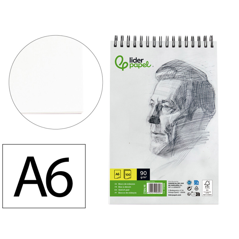 Bloc dibujo liderpapel esbozos espiral din a6 105x148mm 100 hojas 90gr/m2 sin recuadro