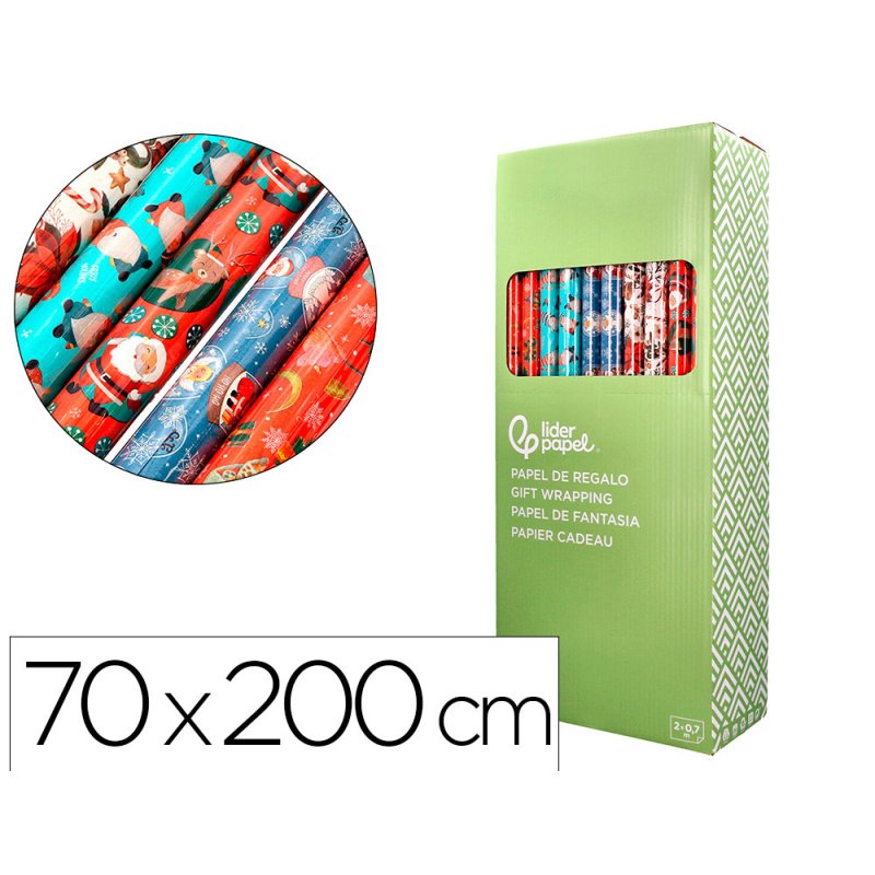 Papel de regalo liderpapel navidad rollo ancho 70 cm longitud 2 mt gramaje 60 gr diseños surtidos c-2025