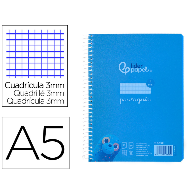 Cuaderno espiral liderpapel a5 pautaguia tapa plastico 80h 90gr cuadro pautado 3 mm con margen color azul