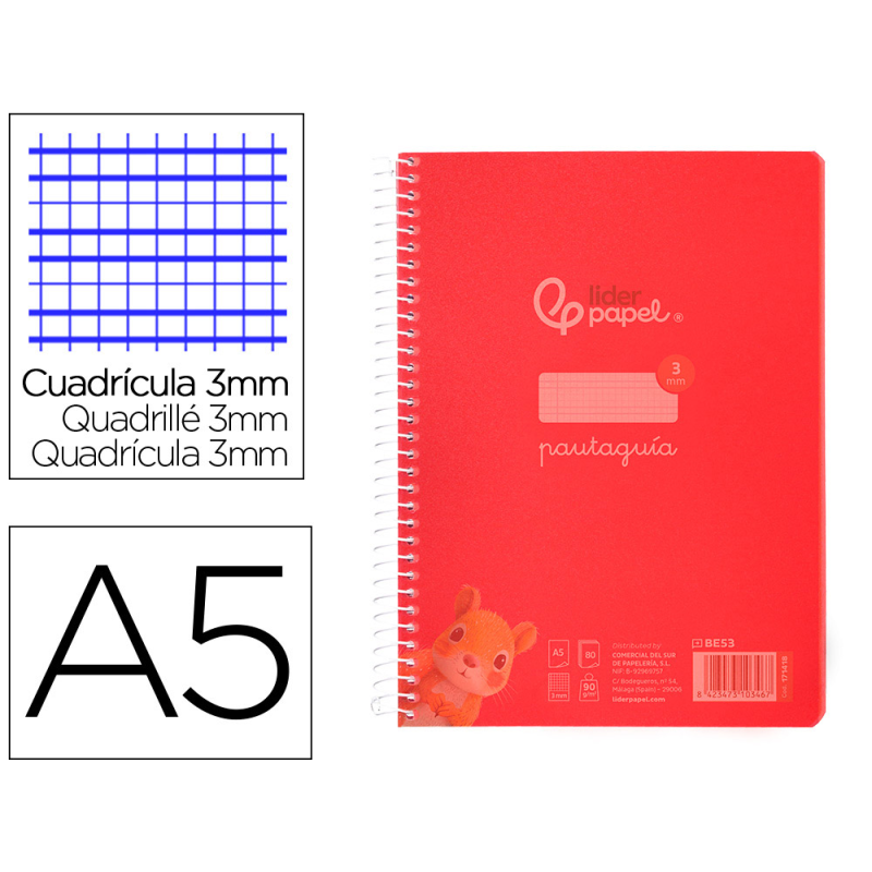 Cuaderno espiral liderpapel a5 pautaguia tapa plastico 80h 90gr cuadro pautado 3 mm con margen color rojo