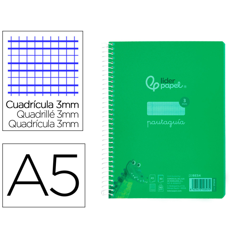 Cuaderno espiral liderpapel a5 pautaguia tapa plastico 80h 90gr cuadro pautado 3 mm con margen color verde