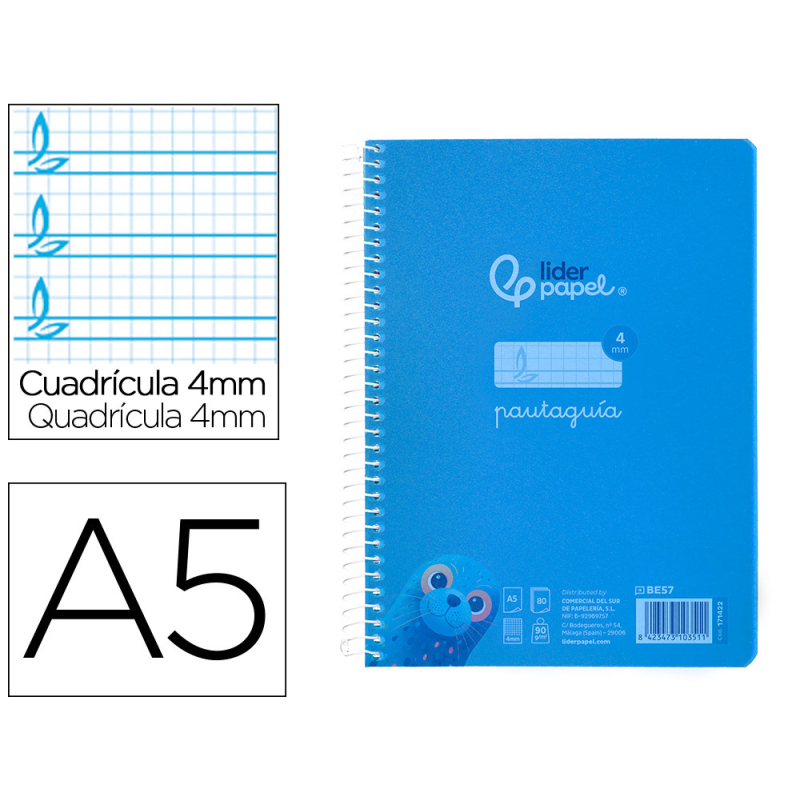 Cuaderno espiral liderpapel a5 pautaguia tapa plastico 80h 90gr cuadro pautado 4mm con margen color azul