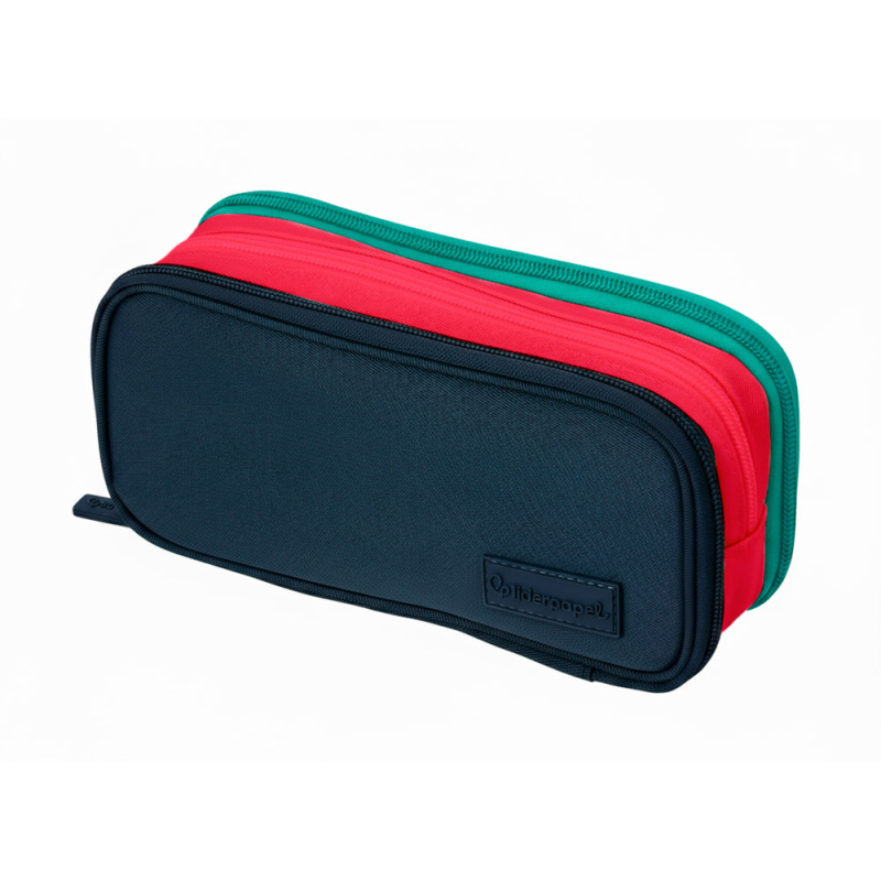 Estuche portatodo liderpapel funky 3 cremalleras con aperturas laterales azul rojo verde 220x100x65 mm