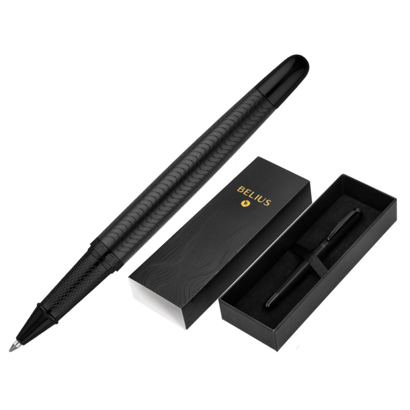 Boligrafo belius neptuno aluminio textura wavy color negro tinta azul caja de diseño