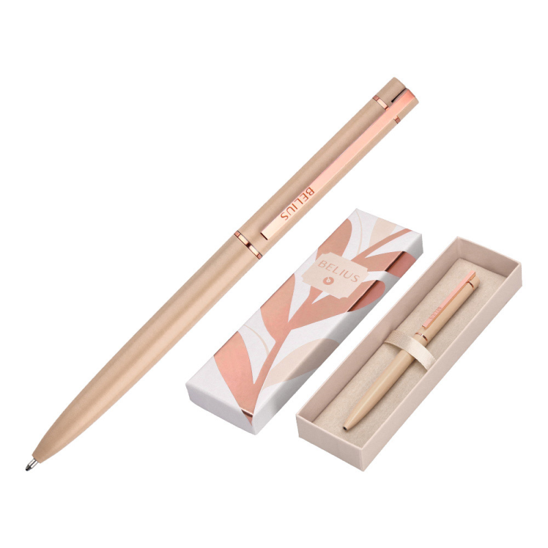 Boligrafo belius rose aluminio color beige claro oro rosa tinta azul caja de diseño