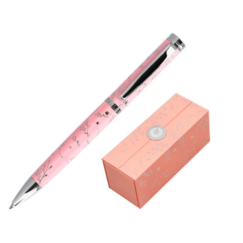 Boligrafo belius bella aluminio color rosa diseño plateado relieve tinta azul caja de diseño