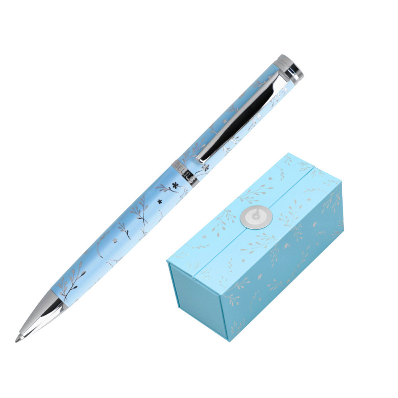 Boligrafo belius bella aluminio color azul celeste diseño plateado relieve tinta azul caja de diseño