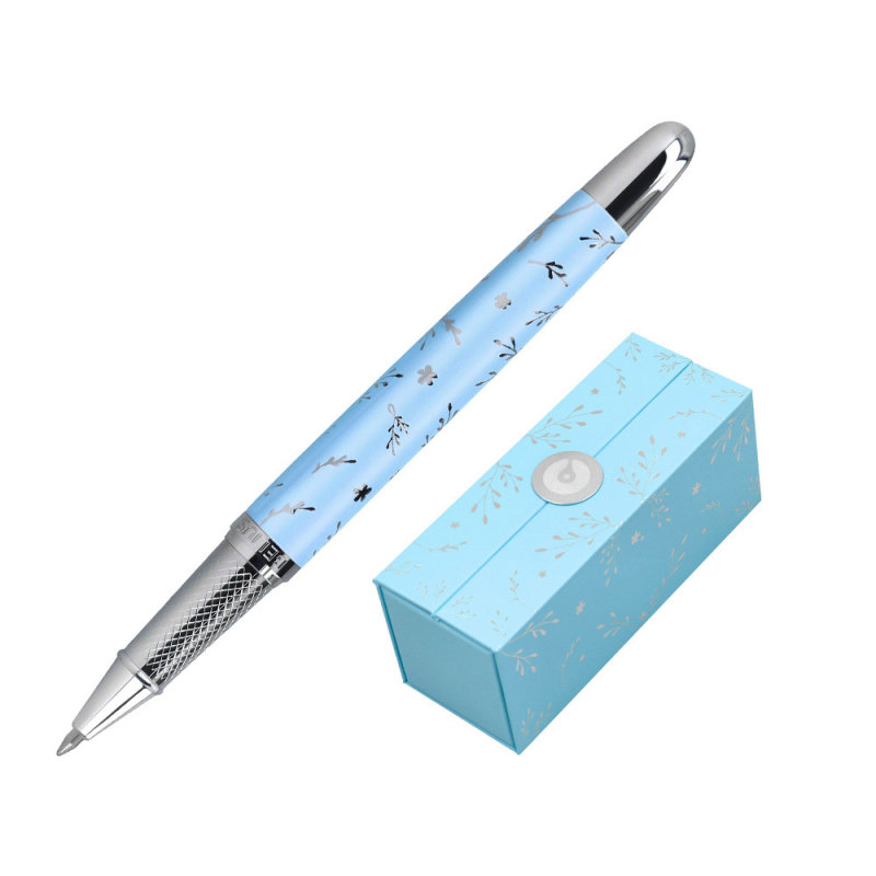 Roller belius bella aluminio color azul celeste diseño plateado relieve tinta color negro caja de diseño