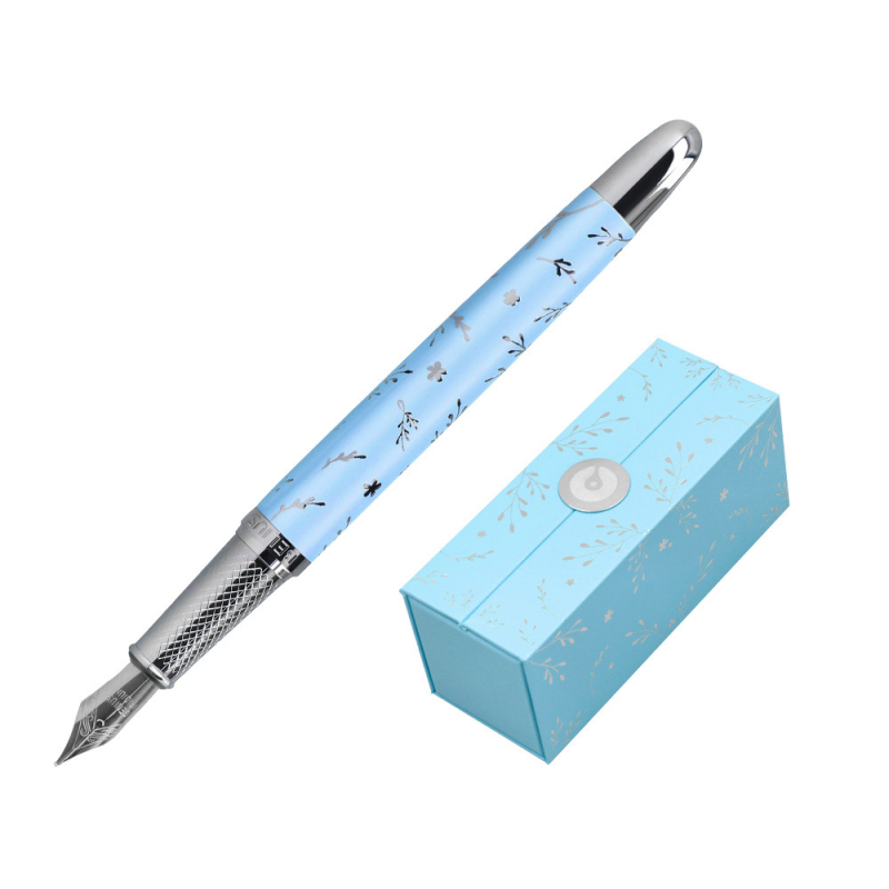 Pluma belius bella aluminio color azul celeste diseño plateado relieve tinta azul caja de diseño