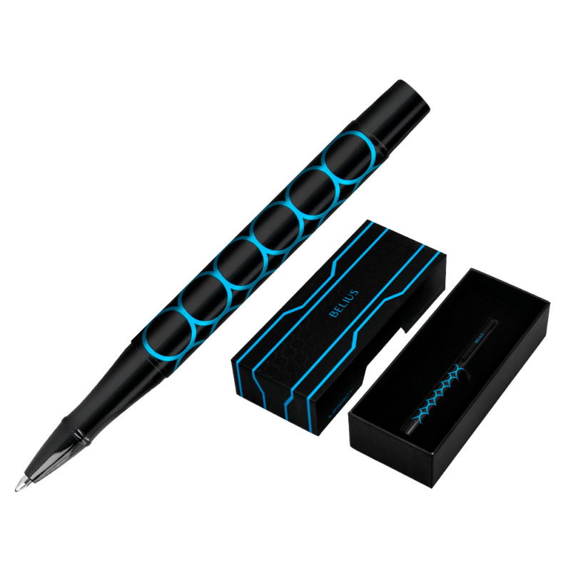 Boligrafo belius legacy aluminio diseño circulos azul cuerpo negro tinta color azul caja de diseño