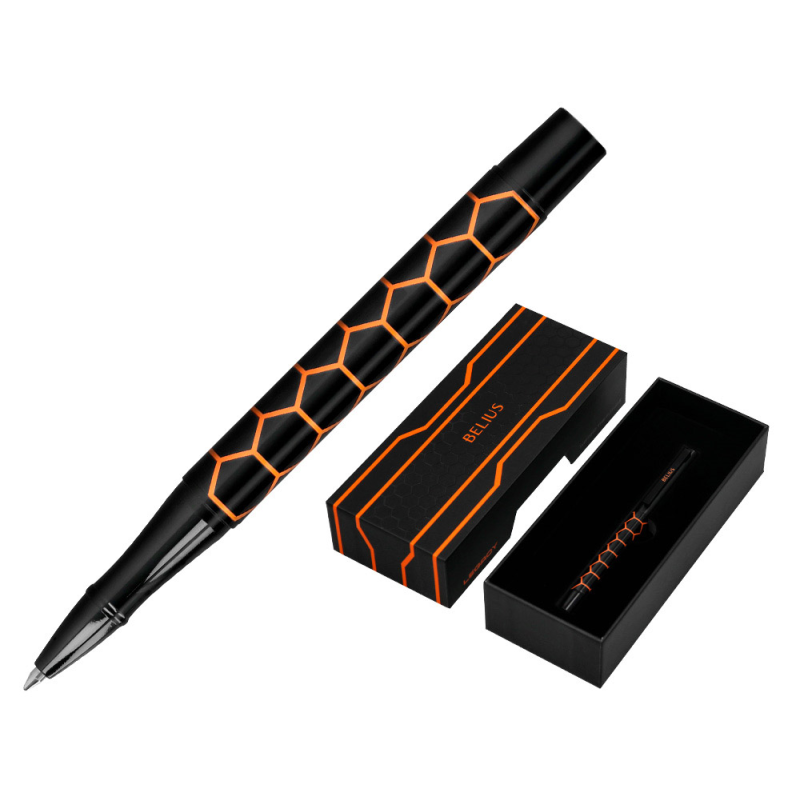 Boligrafo belius legacy aluminio diseño hexagono naranja cuerpo negro tinta color azul caja de diseño