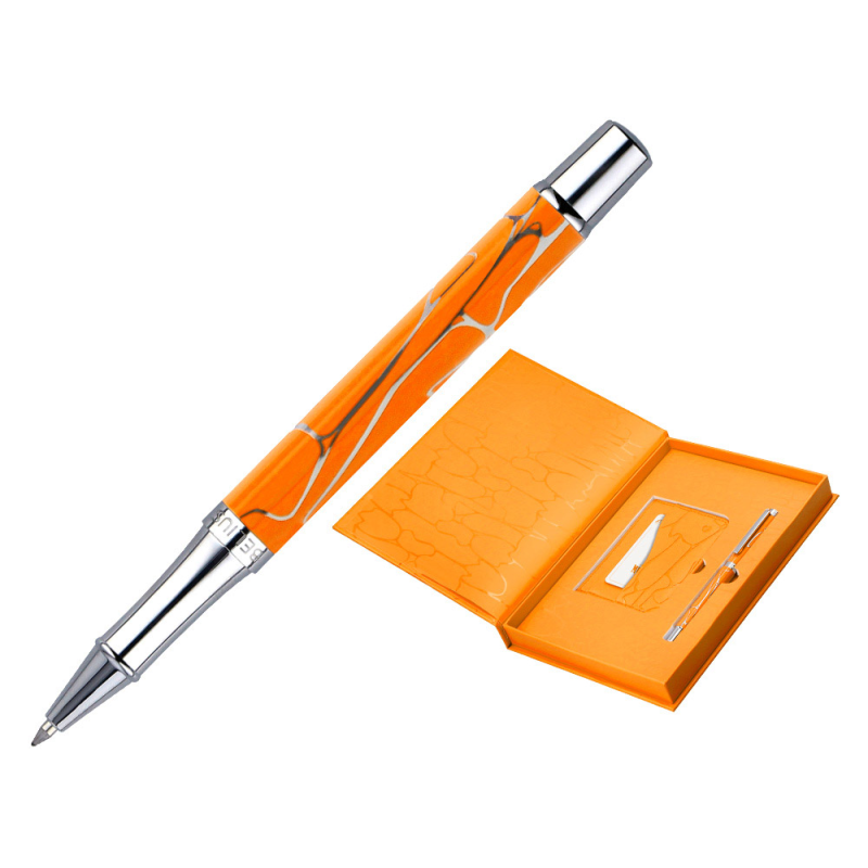 Boligrafo y wallet belius cocktails mimosa aluminio naranja plateado relieve tintacolor azul caja de diseño