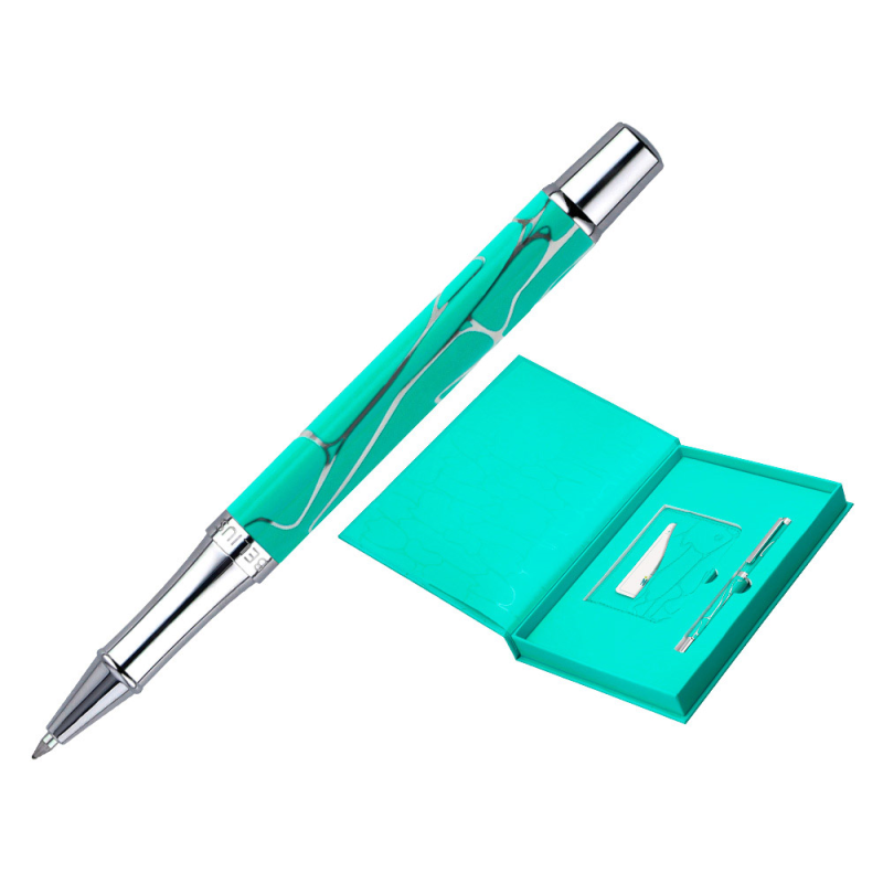 Boligrafo y wallet belius cocktails mojito aluminio verde plateado relieve tinta color azul caja de diseño