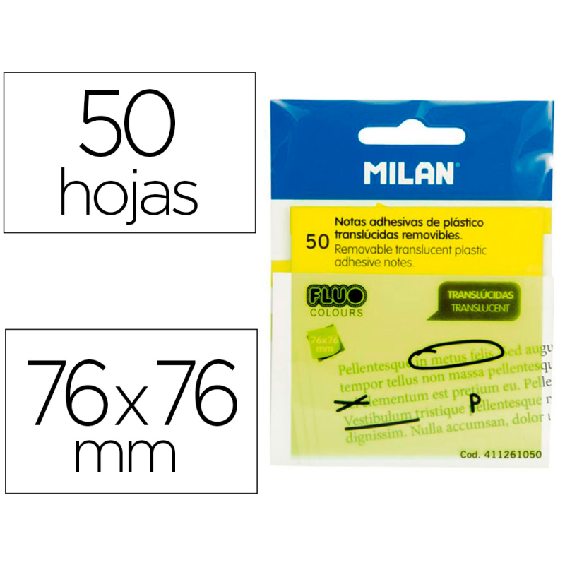 Bloc de notas adhesivas quita y pon milan 76x76 mm removible plastico translucido amarillo fluor 50 hojas