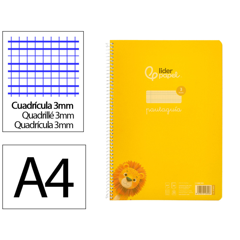 Cuaderno espiral liderpapel a4 pautaguia tapa plastico 80h 90gr cuadro pautado 3mm con margen color amarillo