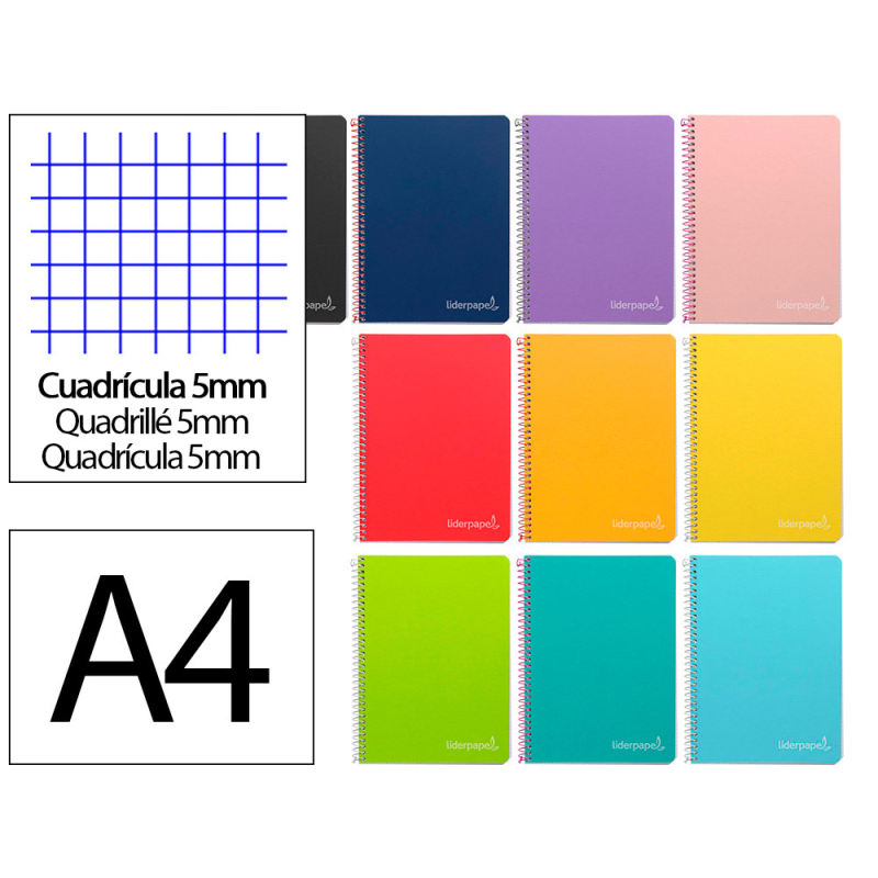 Cuaderno espiral liderpapel a4 witty tapa dura 80h 90gr cuadro 5mm con margen colores surtidos