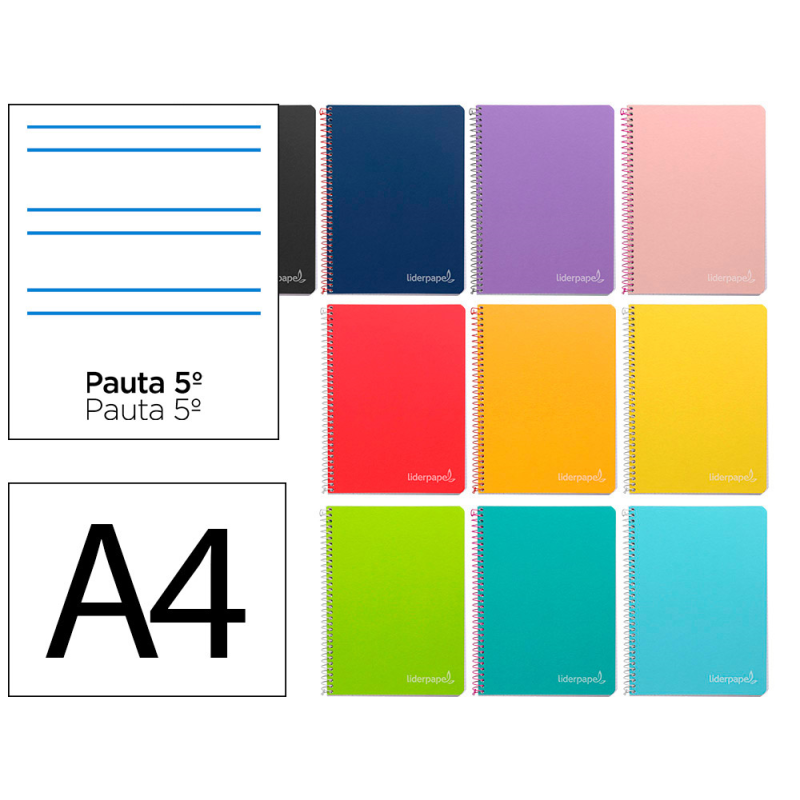 Cuaderno espiral liderpapel a4 witty tapa dura 80h 90gr rayado montessori 5mm colores surtidos