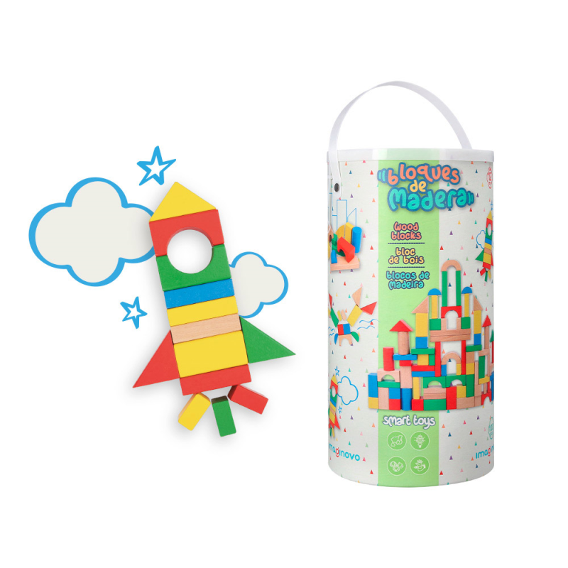 Juego infantil imaginovo madera construccion de bloques +12 meses 100 piezas 29x29x3,5cm