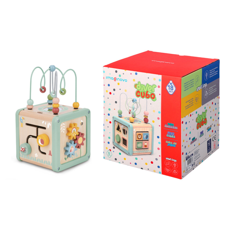 Juego infantil imaginovo madera cubo de actividades +18 meses 15,5x15,5x28cm