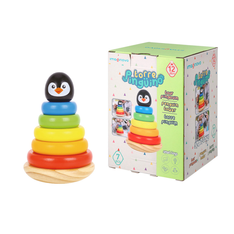 Juego infantil imaginovo madera forma de pinguino torre de formas apilables +12 meses 7 piezas 18x12x12cm