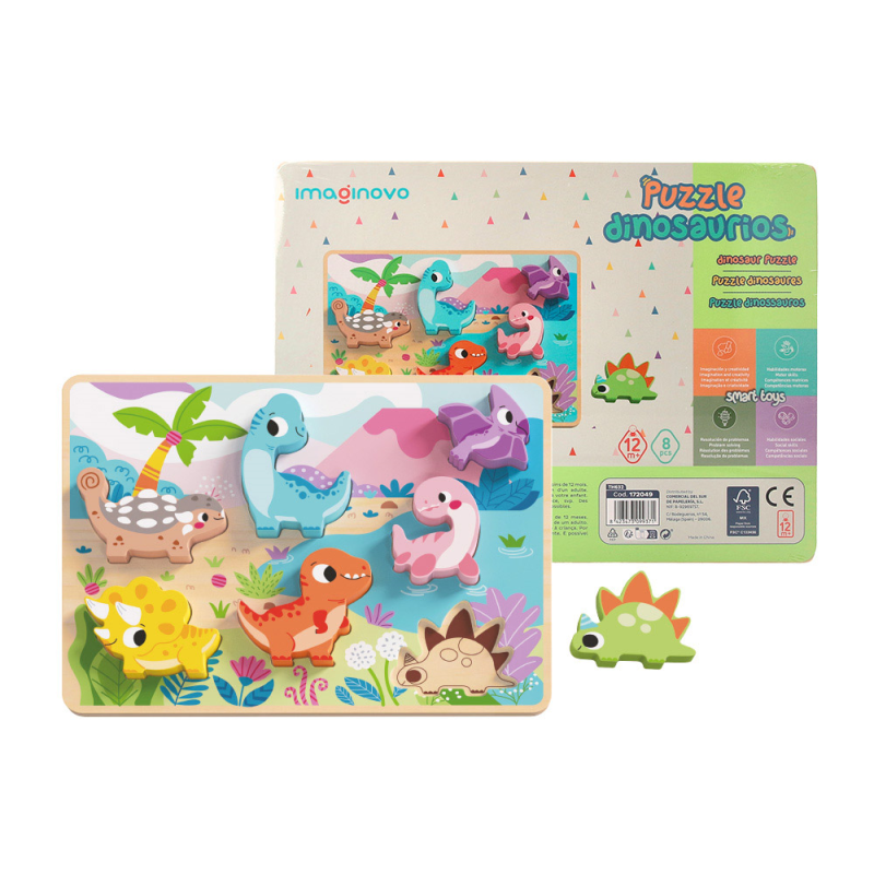 Puzle infantil imaginovo madera 3d dinosaurios +12 meses 8 piezas 29,5x22x1,7cm