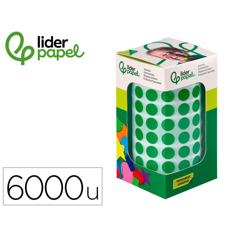 Gomets liderpapel autoadhesivo circulos 10,5 mm verde rollo de 6000 unidades en caja de carton