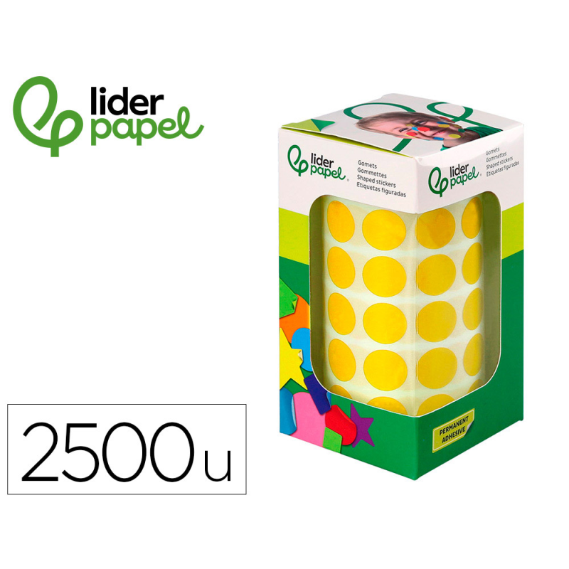 Gomets liderpapel autoadhesivo circulos 15 mm amarillo rollo de 2500 unidades en caja de carton