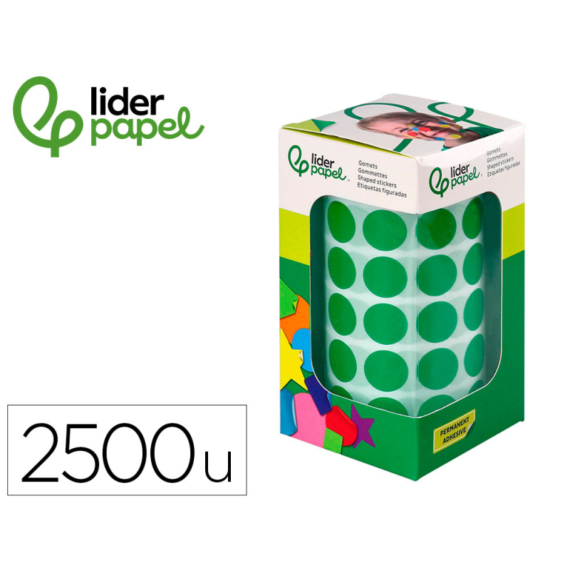 Gomets liderpapel autoadhesivo circulos 15 mm verde rollo de 2500 unidades en caja de carton