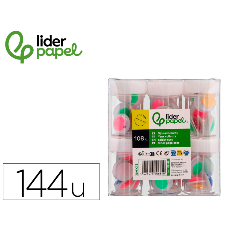 Ojo liderpapel 18 mm blanco con pupila de colores surtidos pack de 108 unidades