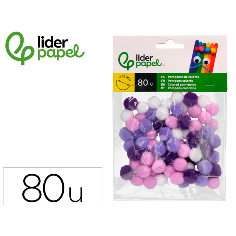 Pompones de colores liderpapel 1,5 cm tonalidades violeta bolsa con 80 unidades