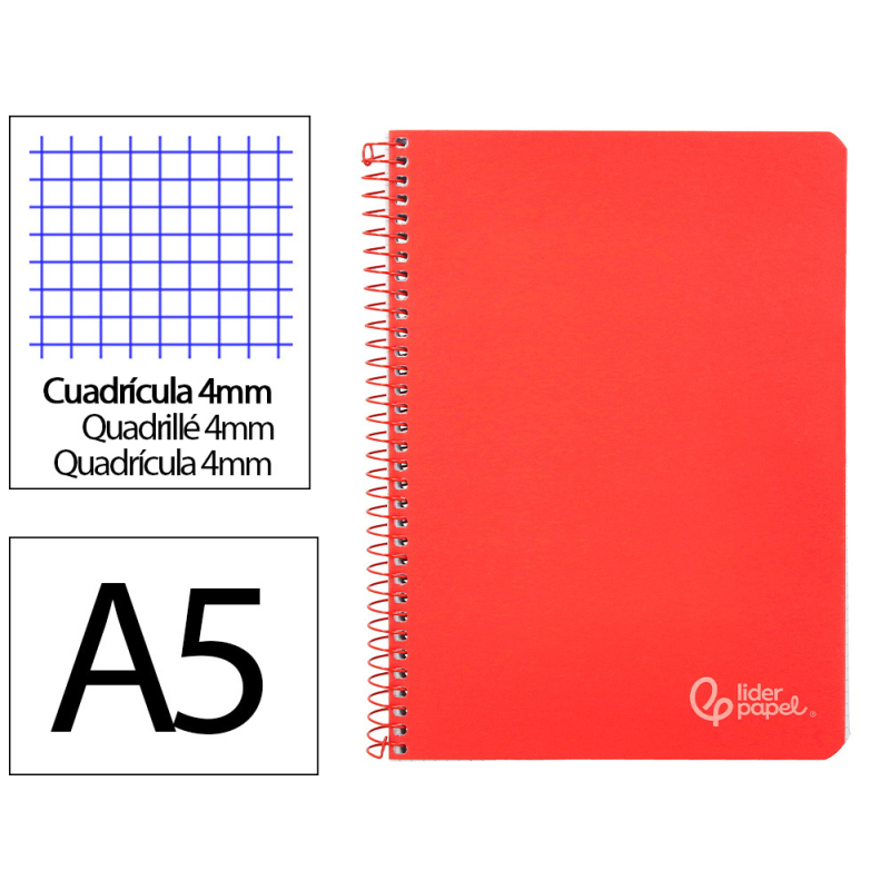 Cuaderno espiral liderpapel a5 witty tapa dura 80h 90gr cuadro 4mm con margen color rojo