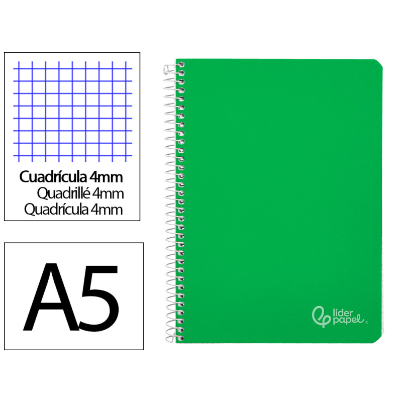 Cuaderno espiral liderpapel a5 witty tapa dura 80h 90gr cuadro 4mm con margen color verde