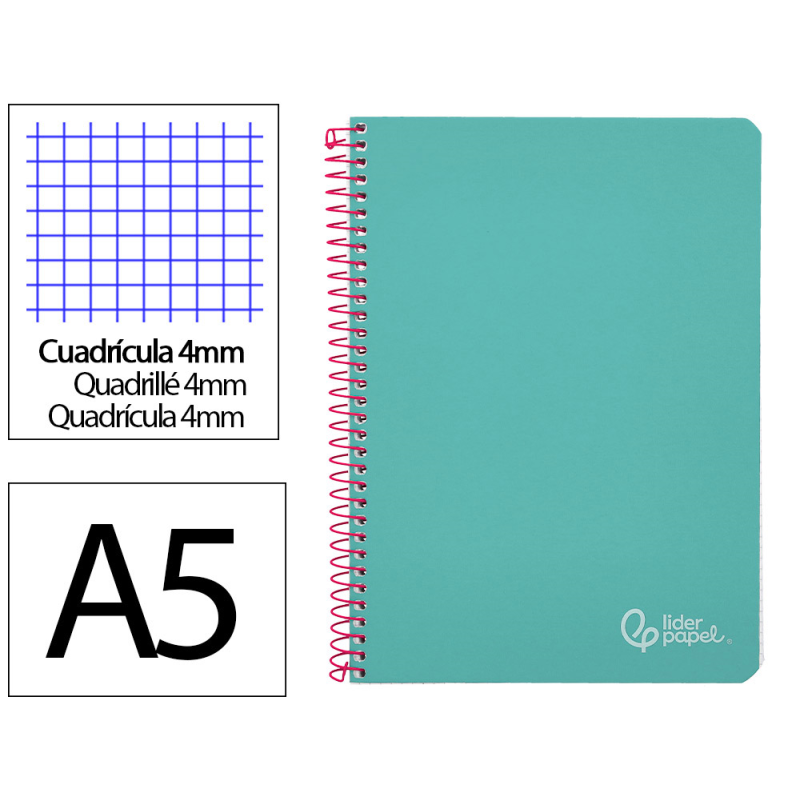 Cuaderno espiral liderpapel din a5 witty tapa dura 80h 90gr cuadro 4mm con margen color turquesa