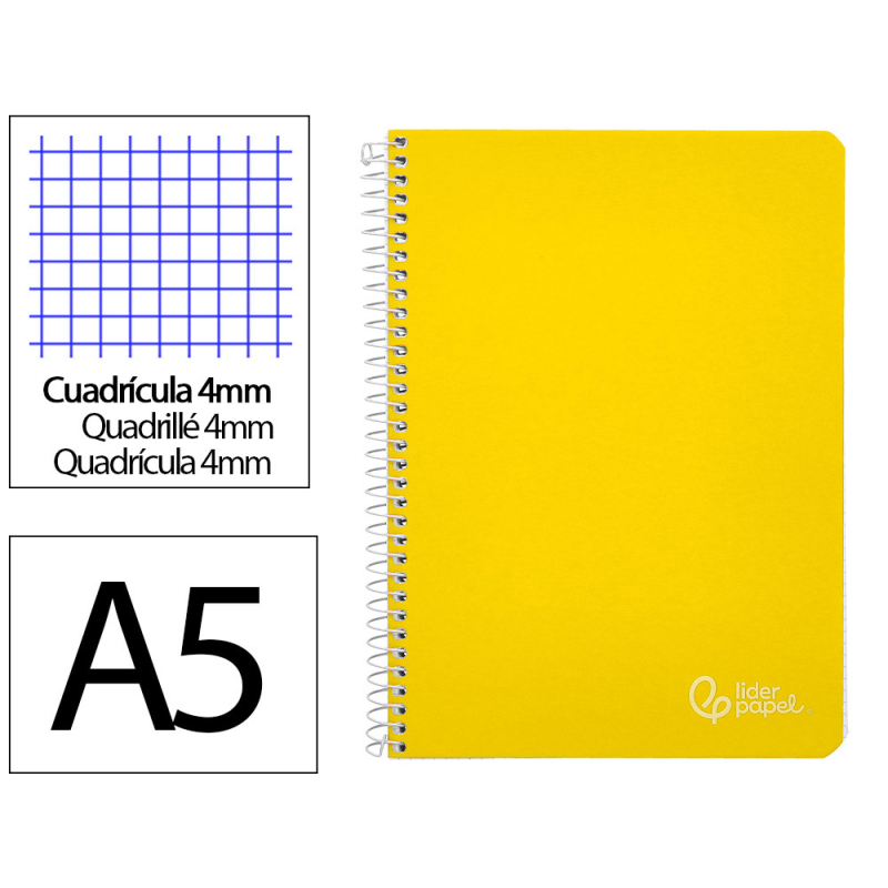 Cuaderno espiral liderpapel a5 witty tapa dura 80h 90gr cuadro 4mm con margen color amarillo